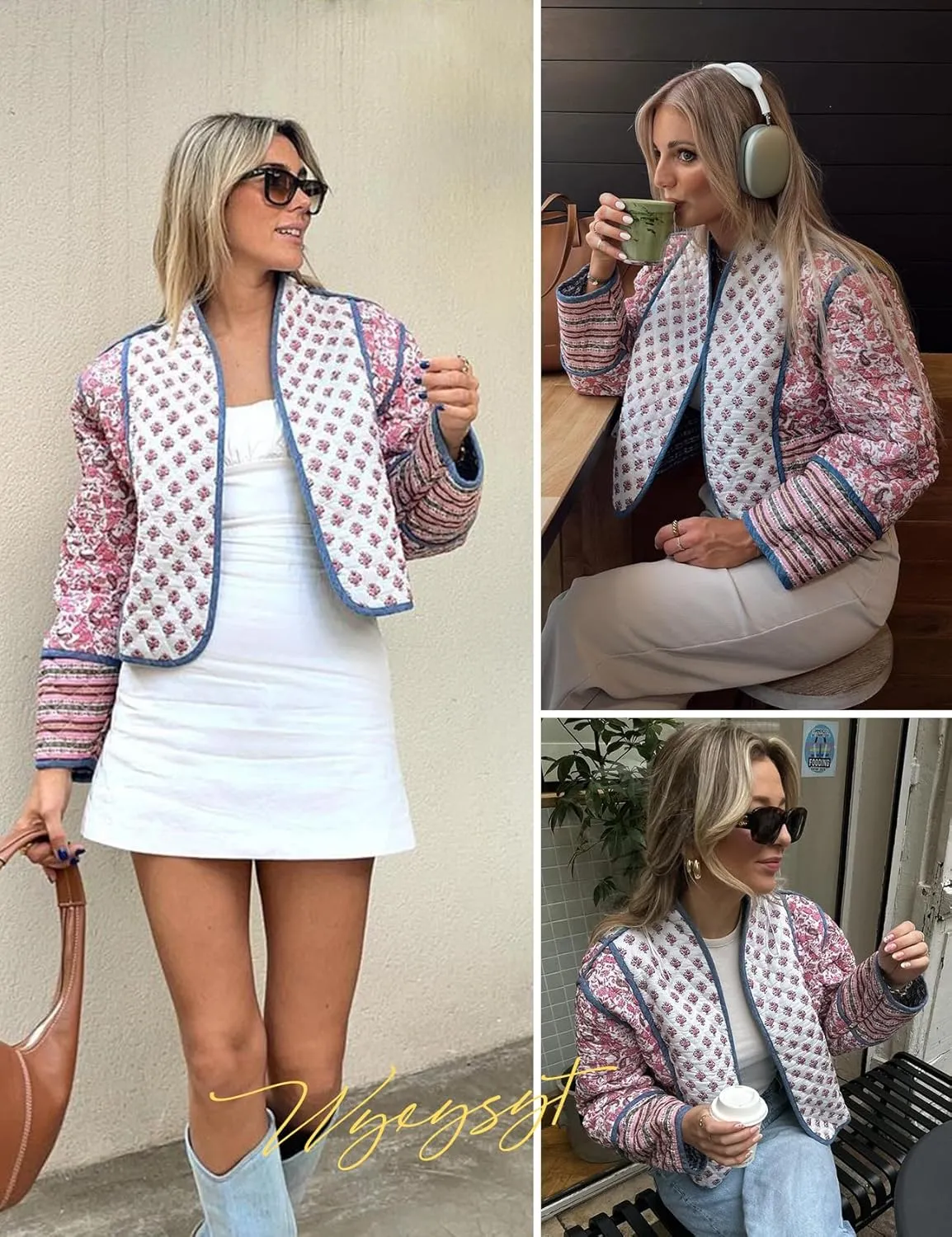 Wyeysyt Women's Cropped Puffer Quilted Jacket Cardigan Floral Printed Lightweight Long Sleeve Open Front Short Padded Coats