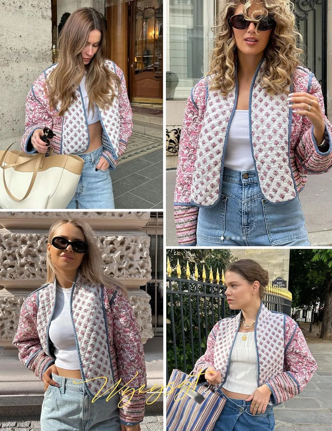 Wyeysyt Women's Cropped Puffer Quilted Jacket Cardigan Floral Printed Lightweight Long Sleeve Open Front Short Padded Coats