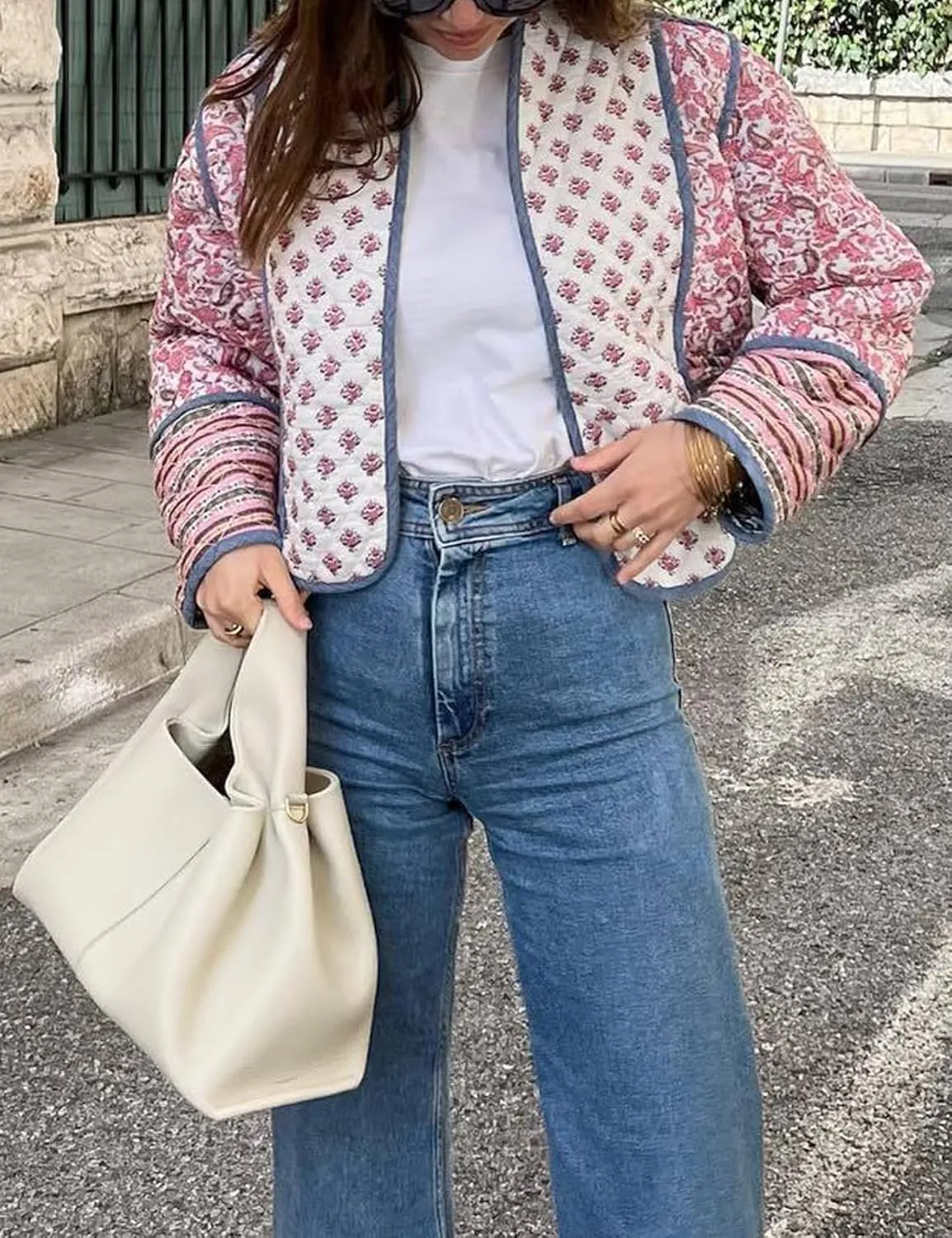 Wyeysyt Women's Cropped Puffer Quilted Jacket Cardigan Floral Printed Lightweight Long Sleeve Open Front Short Padded Coats