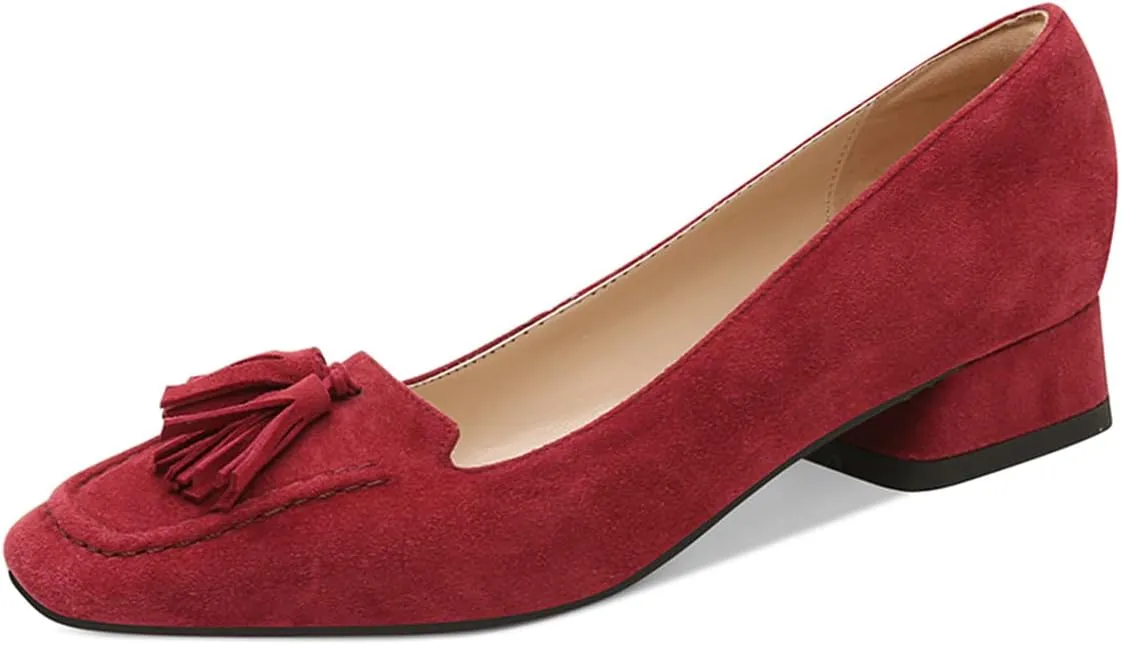 YDN Women Chunky Block Low Heel Loafers Square Toe Tassel Fringed Pump Slip On Dress Party Office Daily Shoe Size 4-15 US