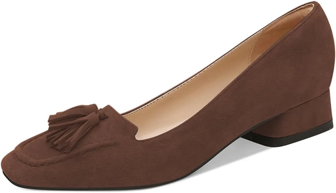 YDN Women Chunky Block Low Heel Loafers Square Toe Tassel Fringed Pump Slip On Dress Party Office Daily Shoe Size 4-15 US