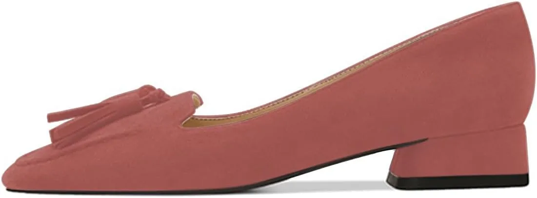 YDN Women Chunky Block Low Heel Loafers Square Toe Tassel Fringed Pump Slip On Dress Party Office Daily Shoe Size 4-15 US