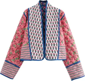 Yimoon Women's Quilted Jacket Lightweight Floral Print Cropped Puffer Coat Short Padded Open Front Winter Outwear
