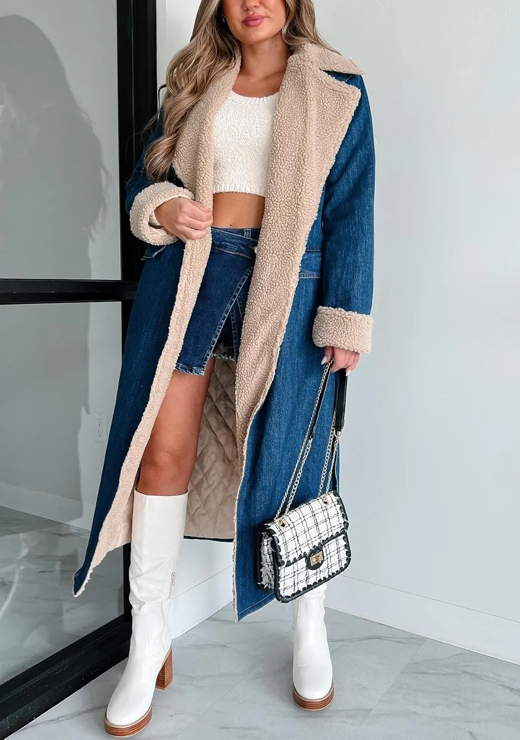 yoeasy Womens Warm Winter Sherpa Fleece Lined Long Denim Coat Windproof Thick Denim Trench Coat with Belt