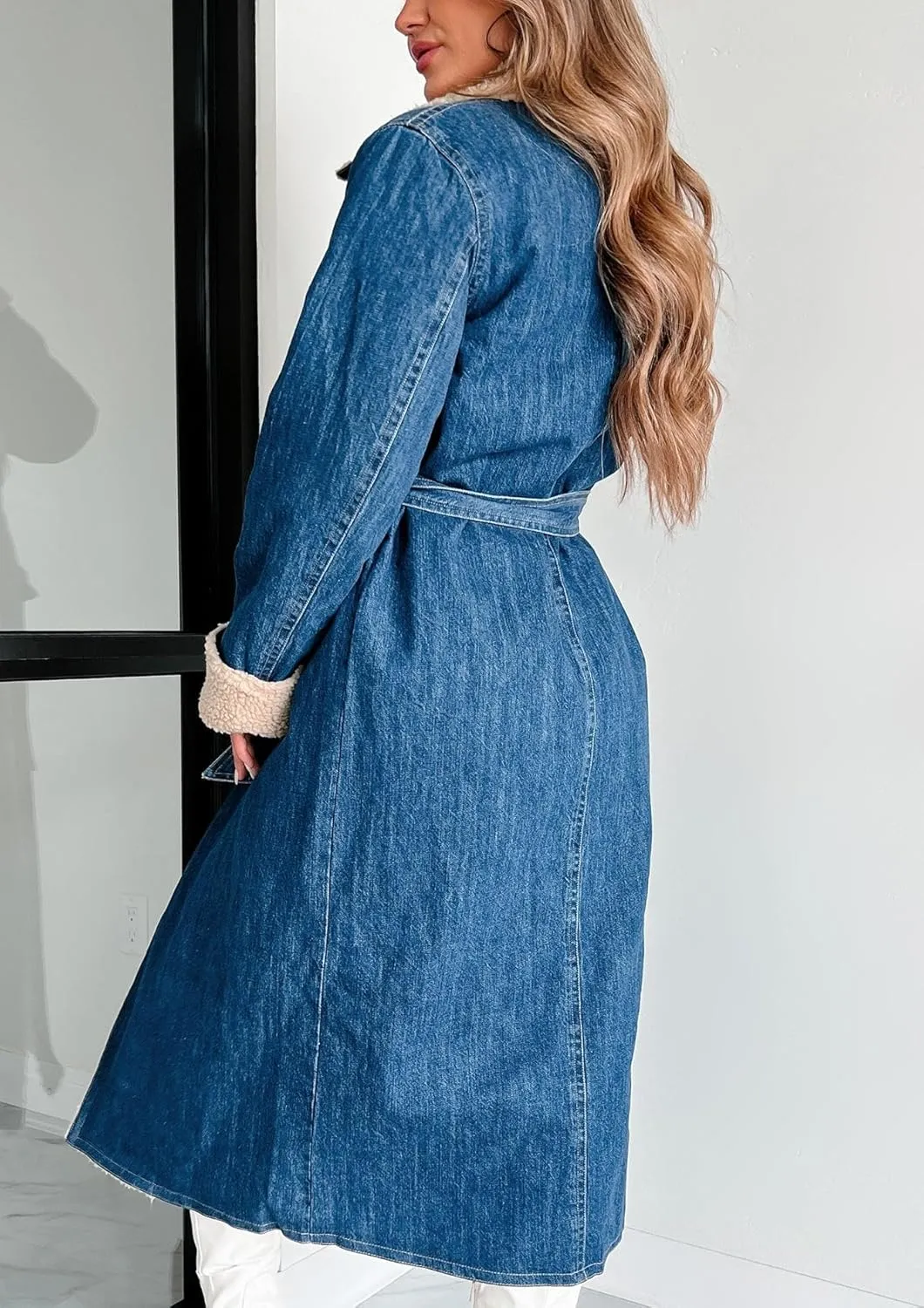 yoeasy Womens Warm Winter Sherpa Fleece Lined Long Denim Coat Windproof Thick Denim Trench Coat with Belt