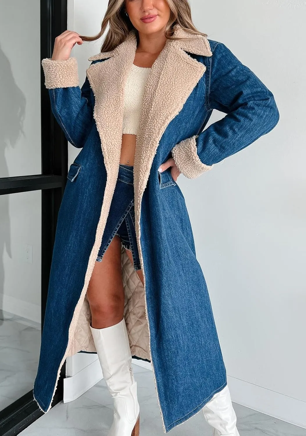 yoeasy Womens Warm Winter Sherpa Fleece Lined Long Denim Coat Windproof Thick Denim Trench Coat with Belt