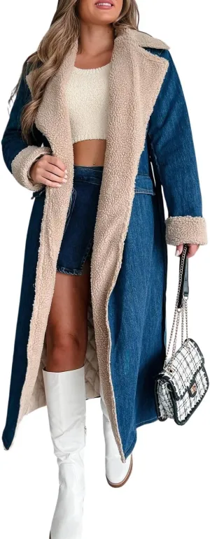 yoeasy Womens Warm Winter Sherpa Fleece Lined Long Denim Coat Windproof Thick Denim Trench Coat with Belt