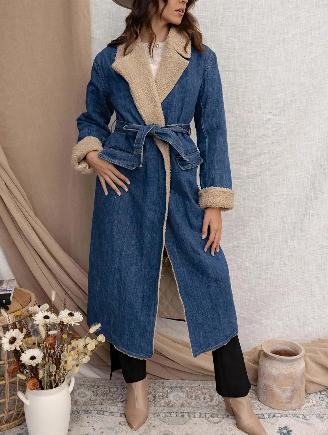 yoeasy Womens Warm Winter Sherpa Fleece Lined Long Denim Coat Windproof Thick Denim Trench Coat with Belt