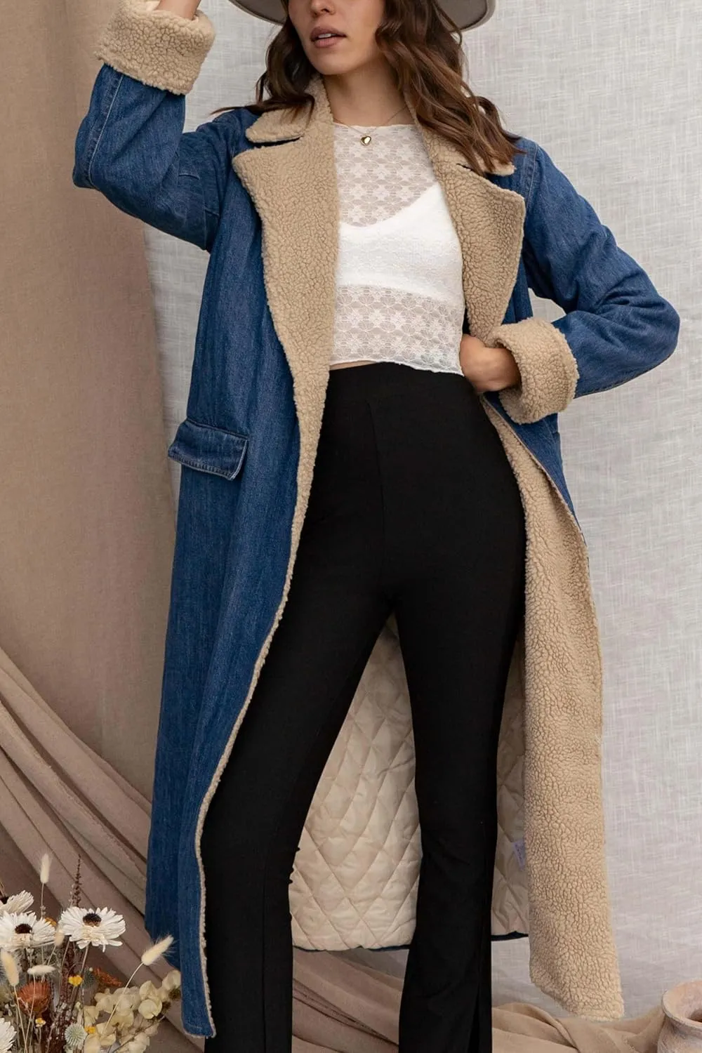 yoeasy Womens Warm Winter Sherpa Fleece Lined Long Denim Coat Windproof Thick Denim Trench Coat with Belt