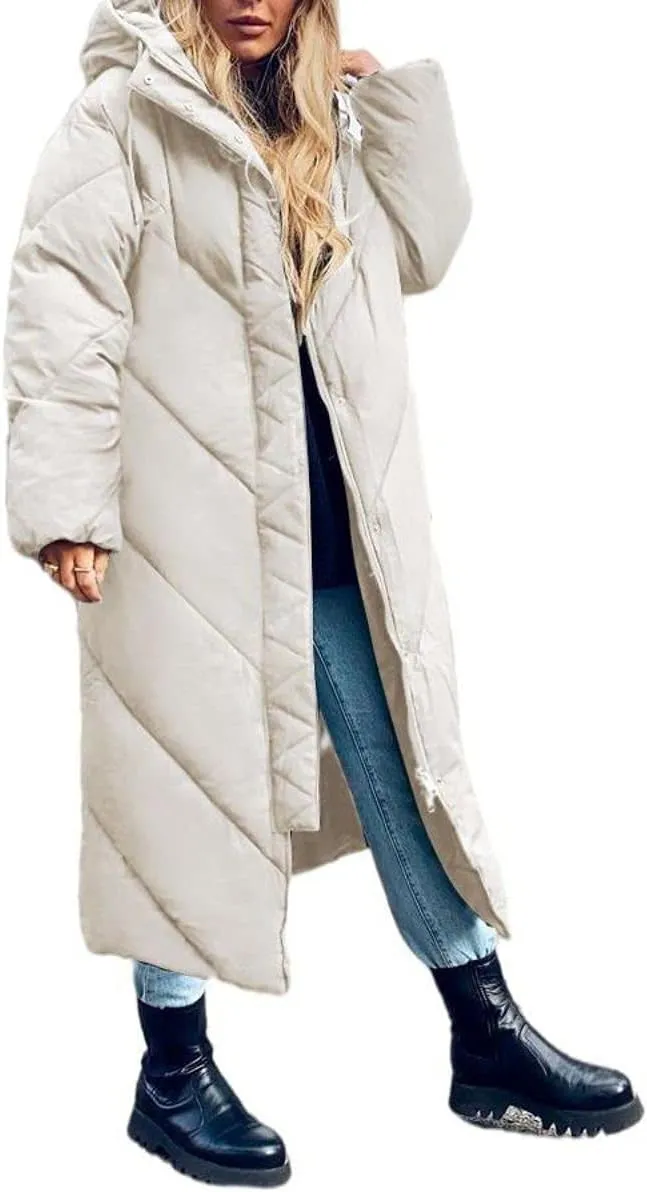 Yousify Women's Hooded Long Puffer Coat Winter Longer Thickened Down Jacket Zip Cotton Outwear