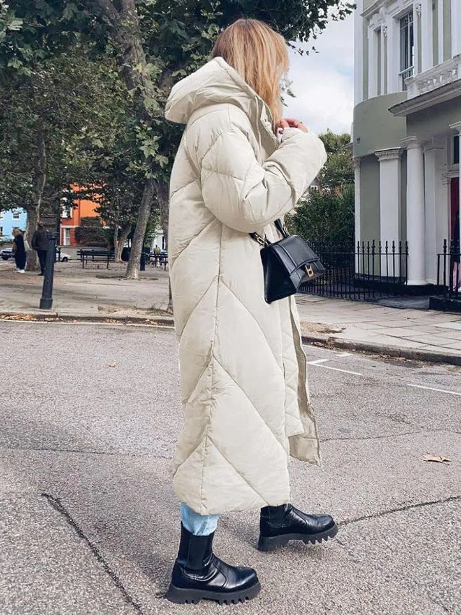 Yousify Women's Hooded Long Puffer Coat Winter Longer Thickened Down Jacket Zip Cotton Outwear