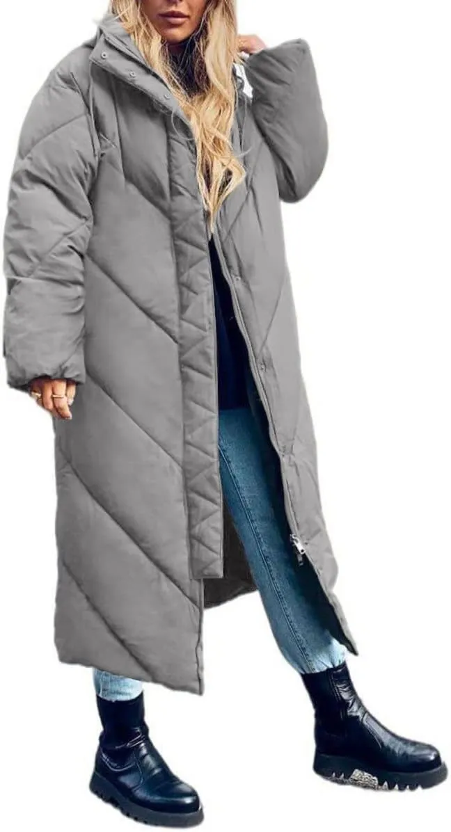 Yousify Women's Hooded Long Puffer Coat Winter Longer Thickened Down Jacket Zip Cotton Outwear