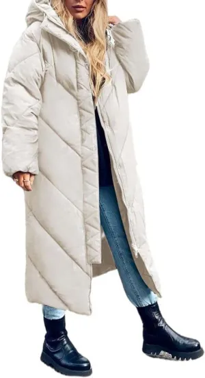 Yousify Women's Hooded Long Puffer Coat Winter Longer Thickened Down Jacket Zip Cotton Outwear