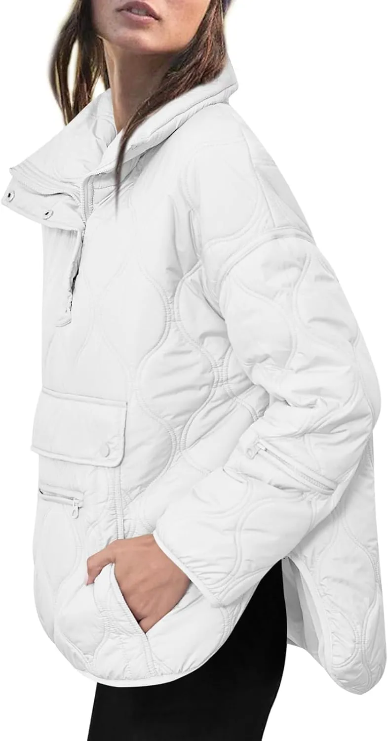 Yousify Womens Puffer Jackets Pullover Quilted Lightweight Jacket Long Sleeve Half Zip Up Coat with Pocket S-2XL