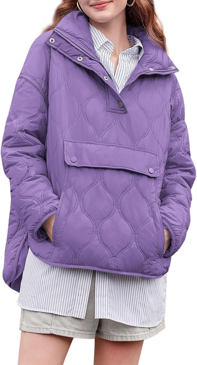 Yousify Womens Puffer Jackets Pullover Quilted Lightweight Jacket Long Sleeve Half Zip Up Coat with Pocket S-2XL