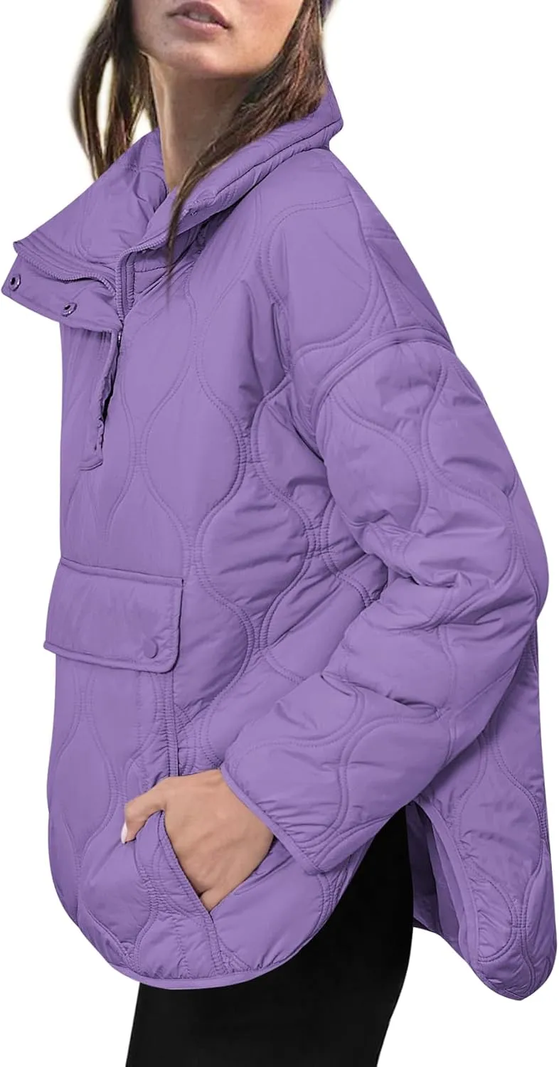 Yousify Womens Puffer Jackets Pullover Quilted Lightweight Jacket Long Sleeve Half Zip Up Coat with Pocket S-2XL