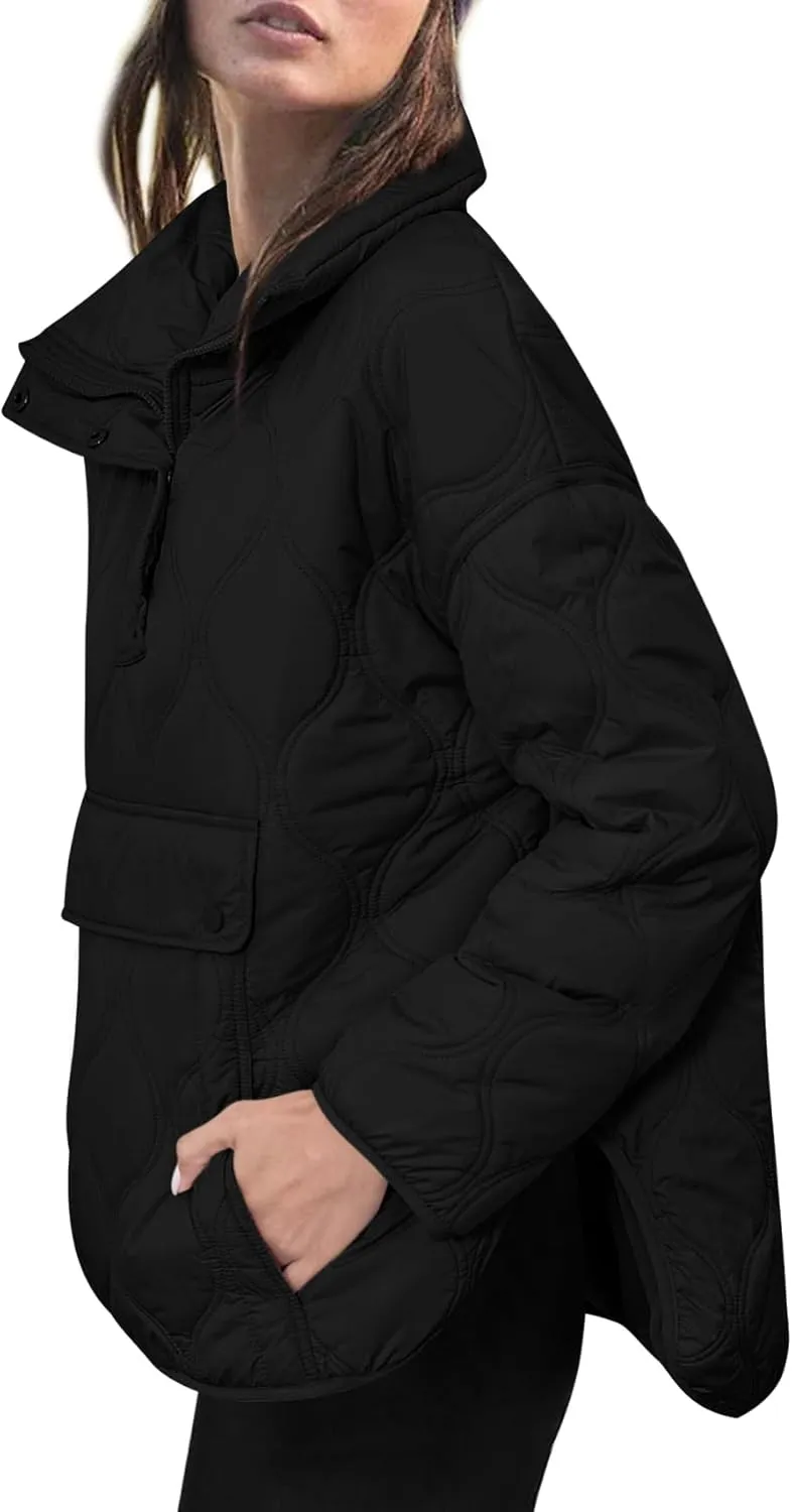 Yousify Womens Puffer Jackets Pullover Quilted Lightweight Jacket Long Sleeve Half Zip Up Coat with Pocket S-2XL