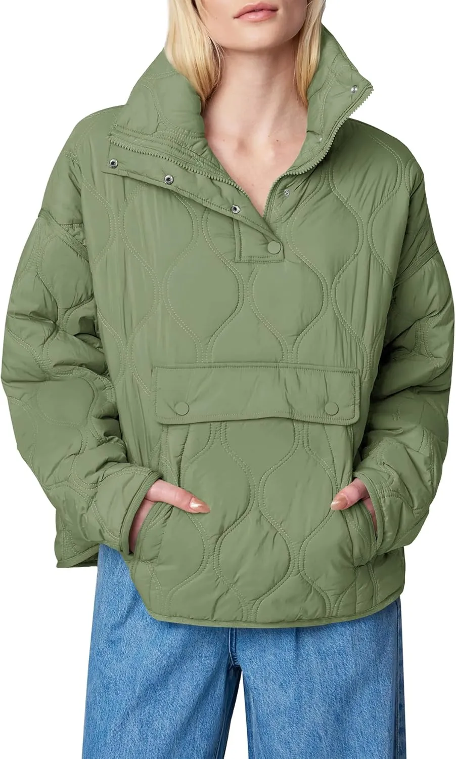 Yousify Womens Puffer Jackets Pullover Quilted Lightweight Jacket Long Sleeve Half Zip Up Coat with Pocket S-2XL