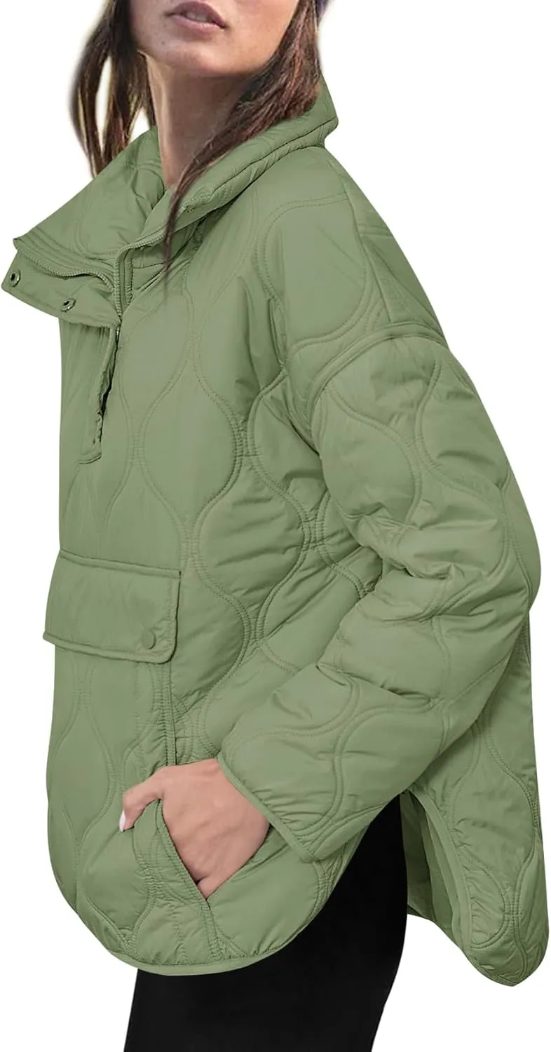 Yousify Womens Puffer Jackets Pullover Quilted Lightweight Jacket Long Sleeve Half Zip Up Coat with Pocket S-2XL
