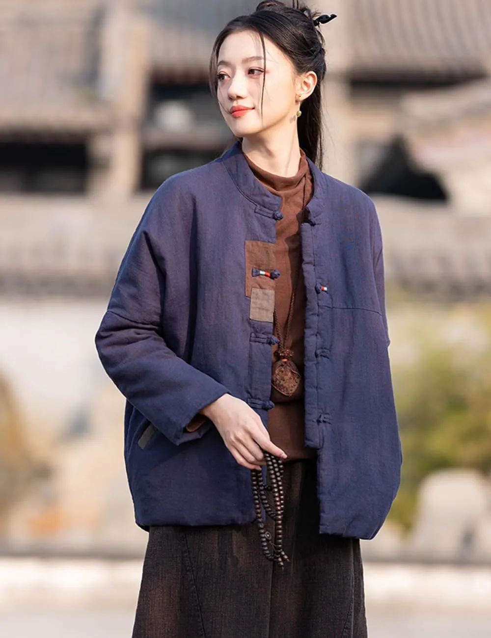 Ystylee Women's Quilted Warm Jacket Coat Stand Collar Patch Button Front Chinese Tang Suit Coats with Pockets