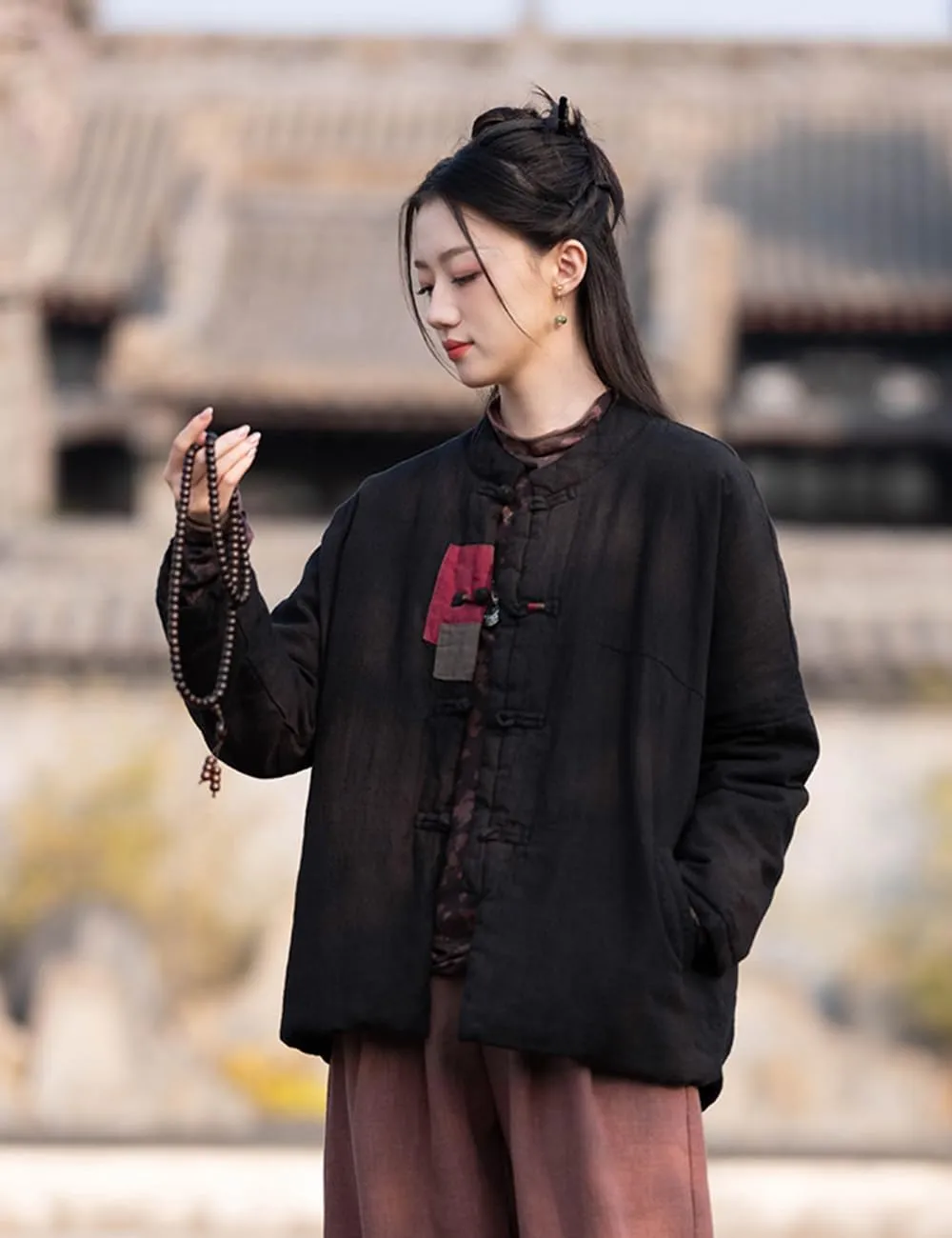 Ystylee Women's Quilted Warm Jacket Coat Stand Collar Patch Button Front Chinese Tang Suit Coats with Pockets