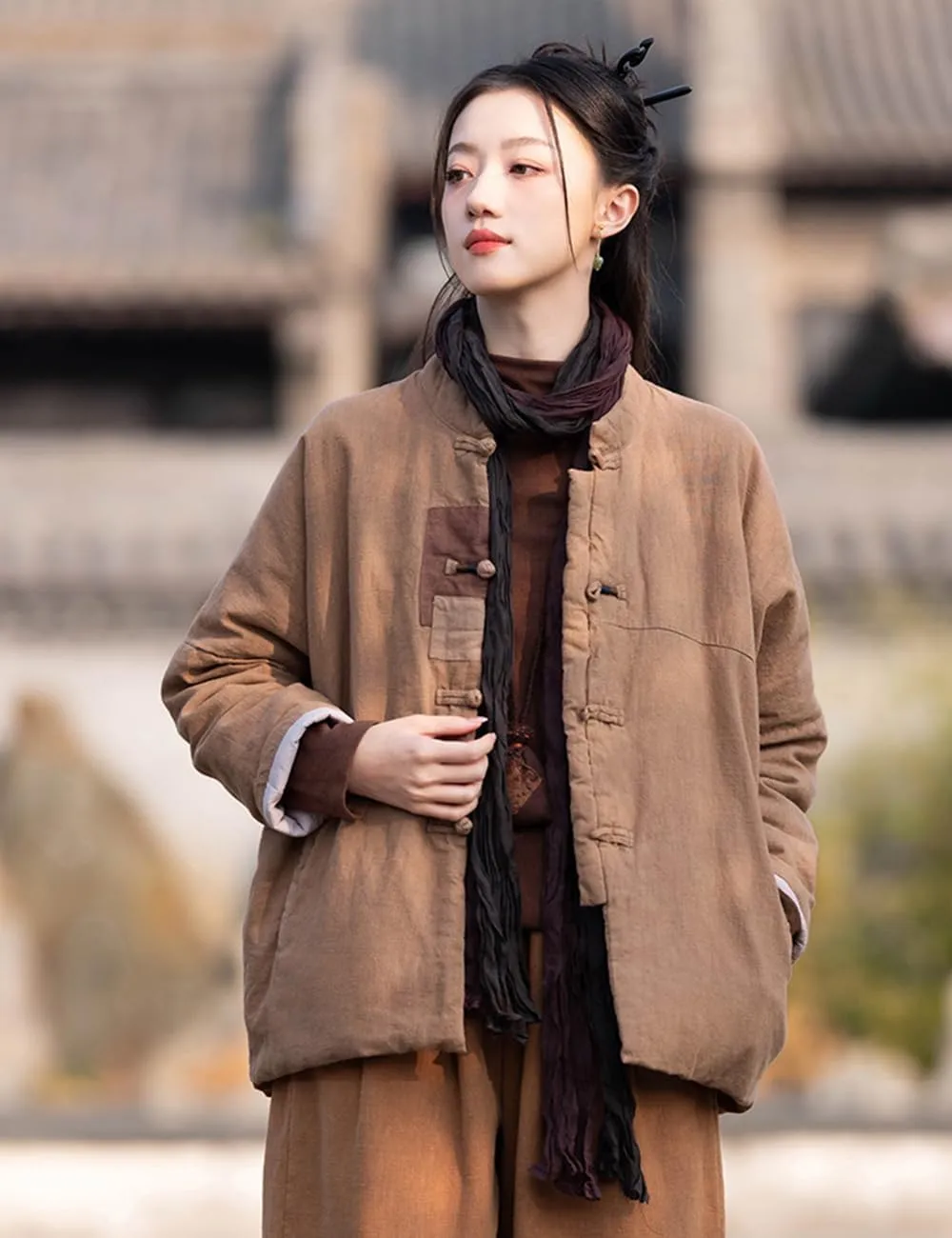 Ystylee Women's Quilted Warm Jacket Coat Stand Collar Patch Button Front Chinese Tang Suit Coats with Pockets