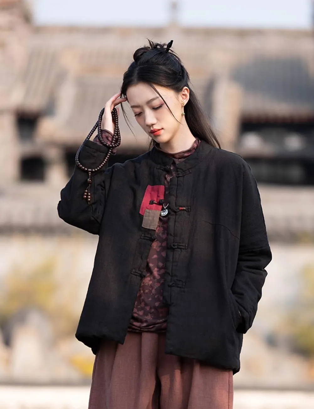 Ystylee Women's Quilted Warm Jacket Coat Stand Collar Patch Button Front Chinese Tang Suit Coats with Pockets