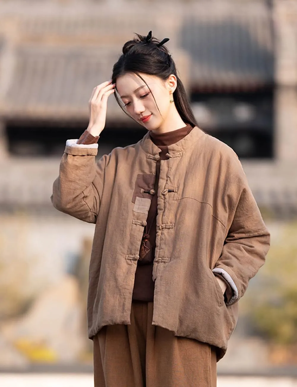 Ystylee Women's Quilted Warm Jacket Coat Stand Collar Patch Button Front Chinese Tang Suit Coats with Pockets