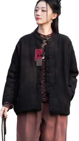 Ystylee Women's Quilted Warm Jacket Coat Stand Collar Patch Button Front Chinese Tang Suit Coats with Pockets