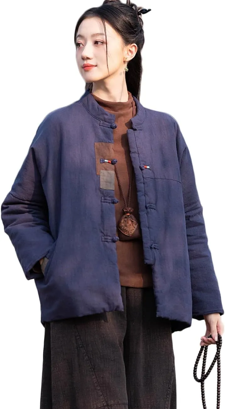 Ystylee Women's Quilted Warm Jacket Coat Stand Collar Patch Button Front Chinese Tang Suit Coats with Pockets