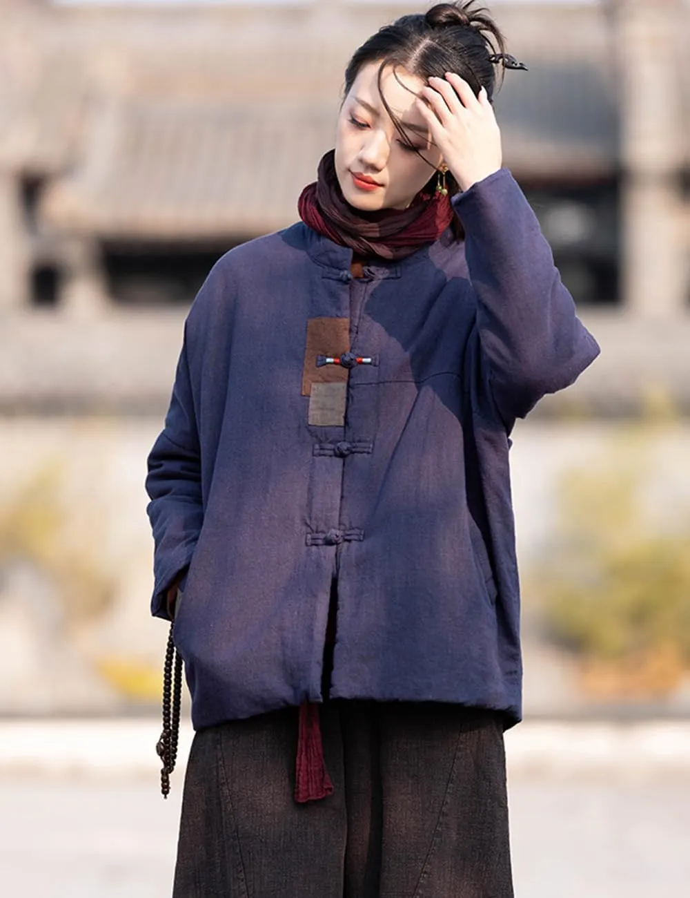 Ystylee Women's Quilted Warm Jacket Coat Stand Collar Patch Button Front Chinese Tang Suit Coats with Pockets