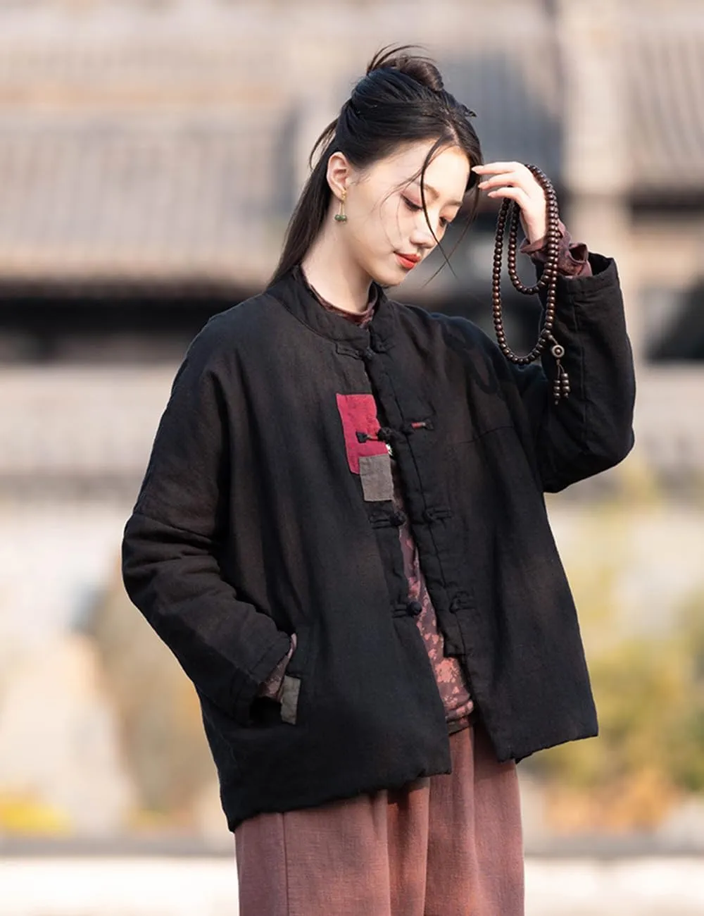 Ystylee Women's Quilted Warm Jacket Coat Stand Collar Patch Button Front Chinese Tang Suit Coats with Pockets