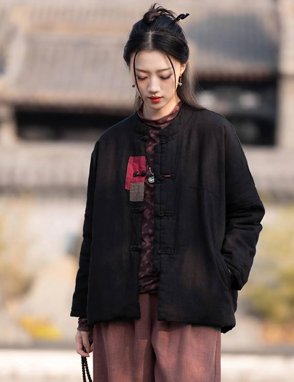 Ystylee Women's Quilted Warm Jacket Coat Stand Collar Patch Button Front Chinese Tang Suit Coats with Pockets