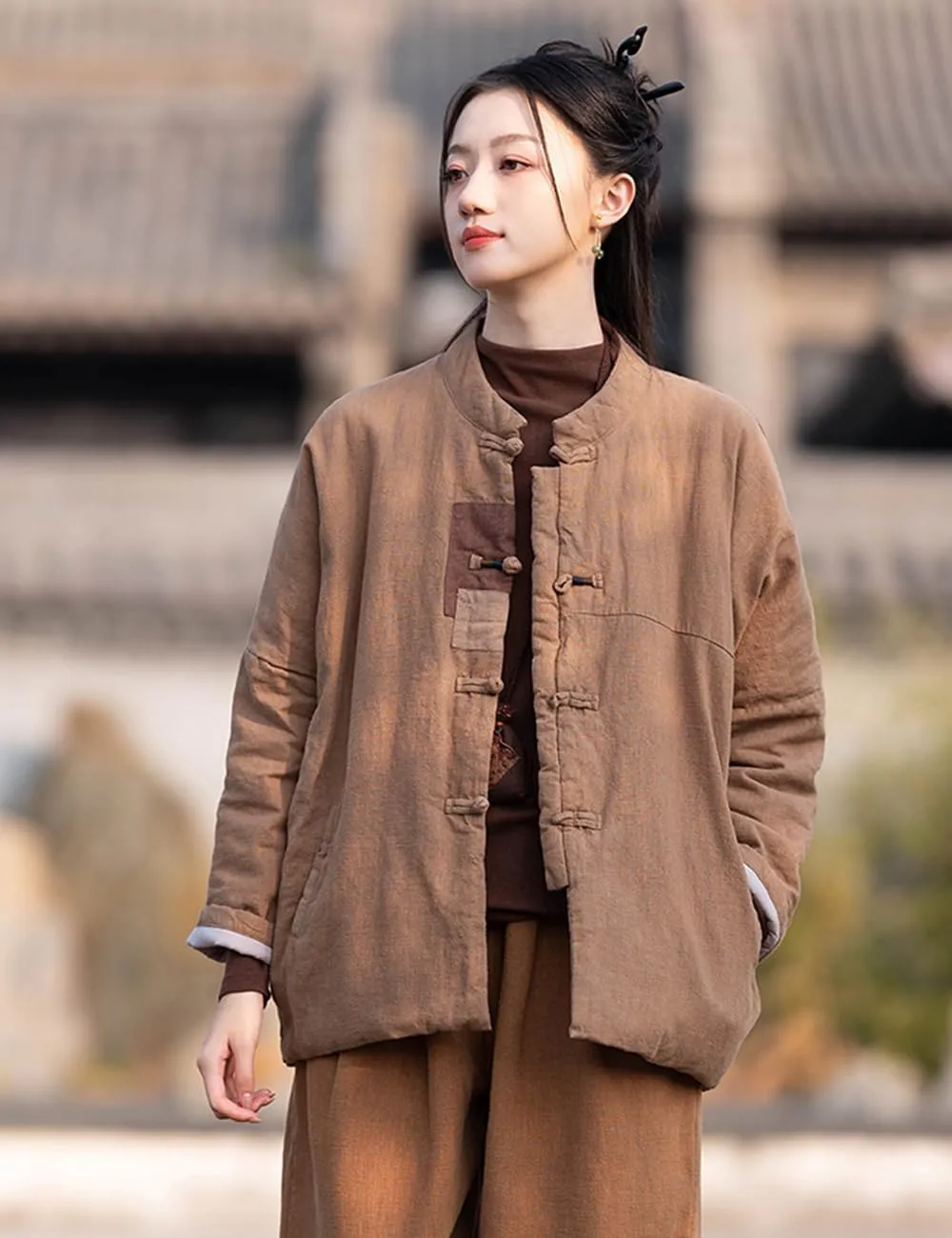 Ystylee Women's Quilted Warm Jacket Coat Stand Collar Patch Button Front Chinese Tang Suit Coats with Pockets