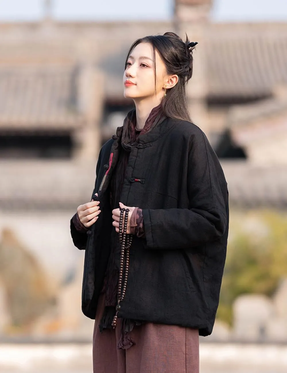 Ystylee Women's Quilted Warm Jacket Coat Stand Collar Patch Button Front Chinese Tang Suit Coats with Pockets