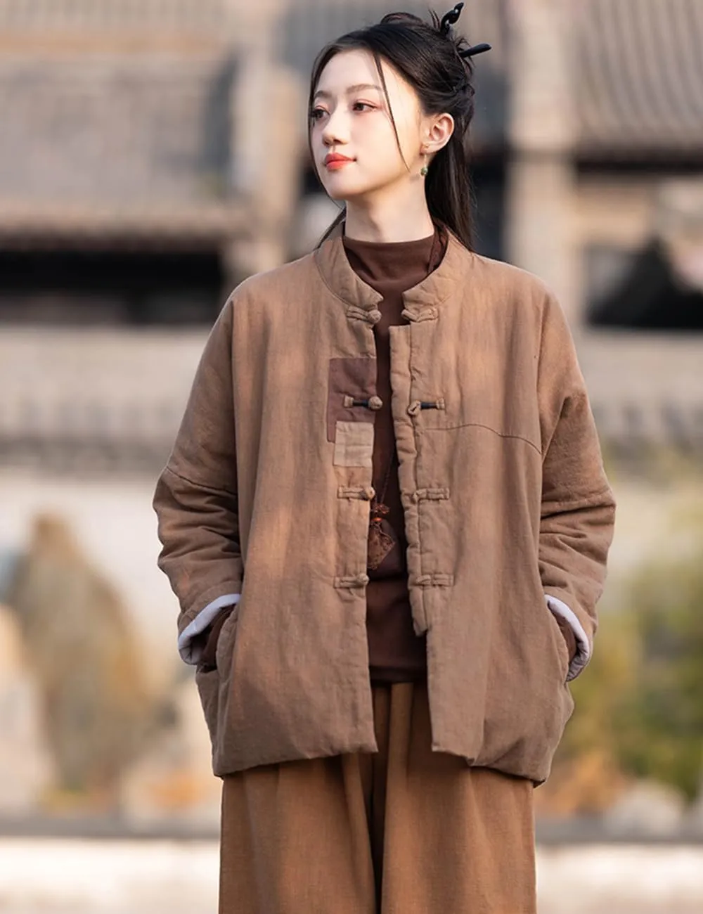 Ystylee Women's Quilted Warm Jacket Coat Stand Collar Patch Button Front Chinese Tang Suit Coats with Pockets