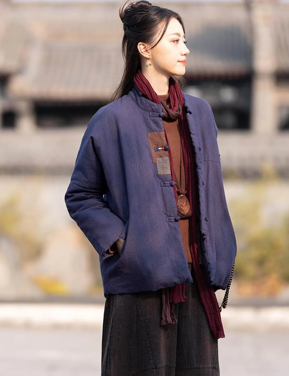 Ystylee Women's Quilted Warm Jacket Coat Stand Collar Patch Button Front Chinese Tang Suit Coats with Pockets
