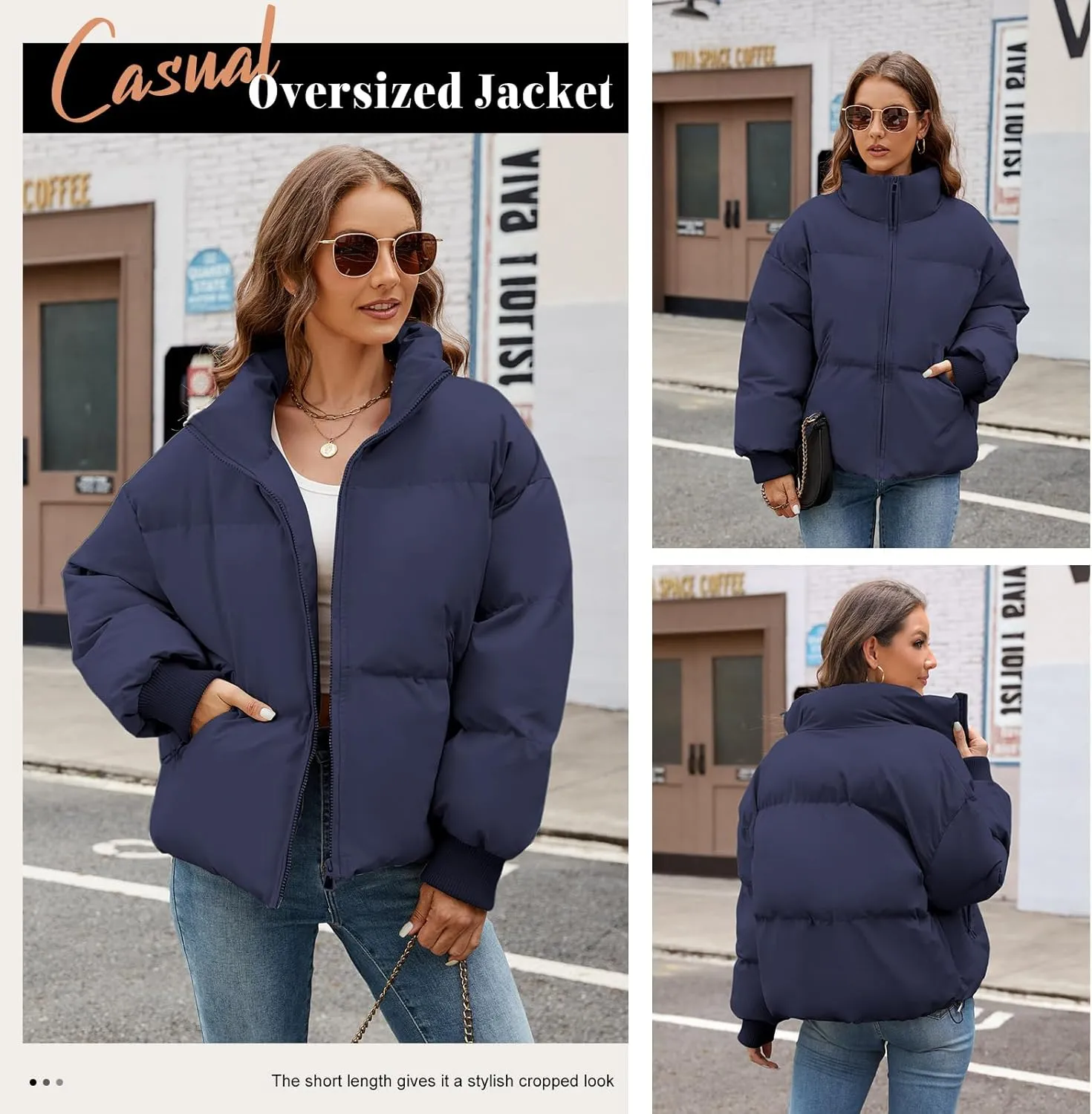 Yusongirl Womens Cropped Puffer Jacket Winter Warm Quilted Jackets Baggy Short Down Coats Long Sleeve Zip Coat