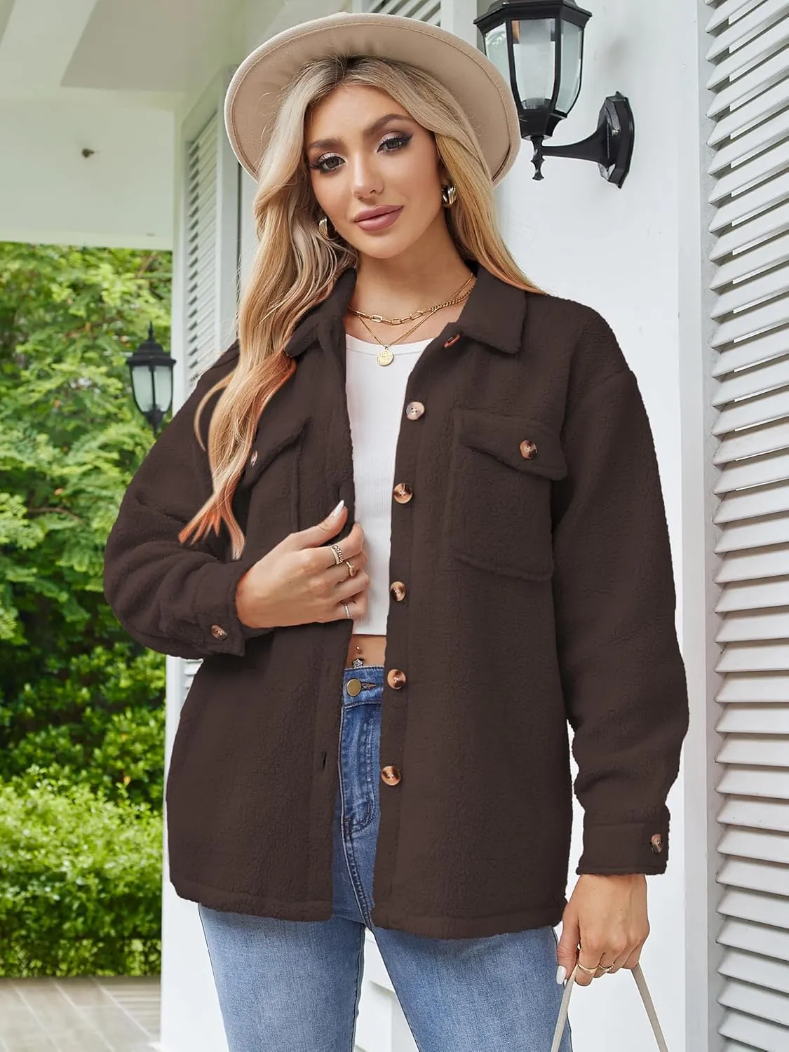 ZAFUL Womens Winter Sherpa Fleece Jacket Button Down Long Sleeve Warm Fuzzy Outwear Coat with Pockets