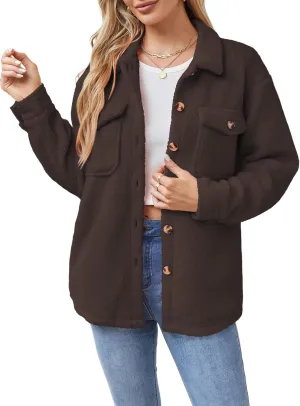 ZAFUL Womens Winter Sherpa Fleece Jacket Button Down Long Sleeve Warm Fuzzy Outwear Coat with Pockets