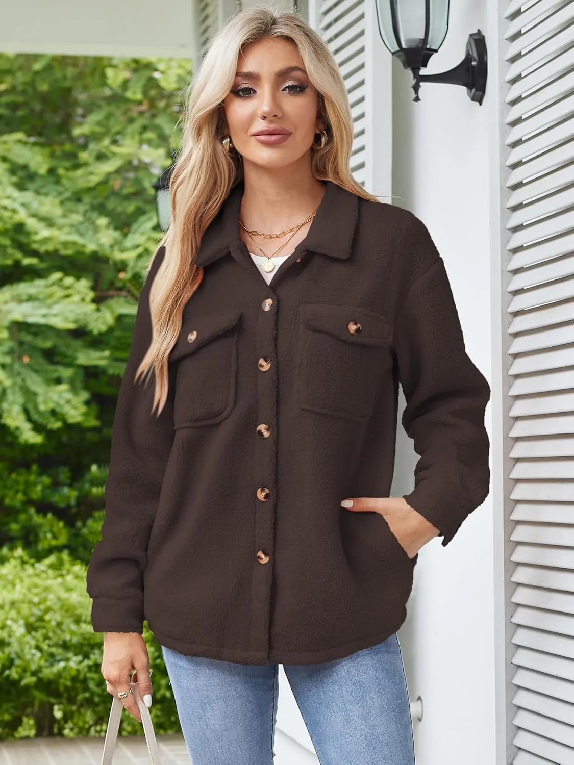 ZAFUL Womens Winter Sherpa Fleece Jacket Button Down Long Sleeve Warm Fuzzy Outwear Coat with Pockets