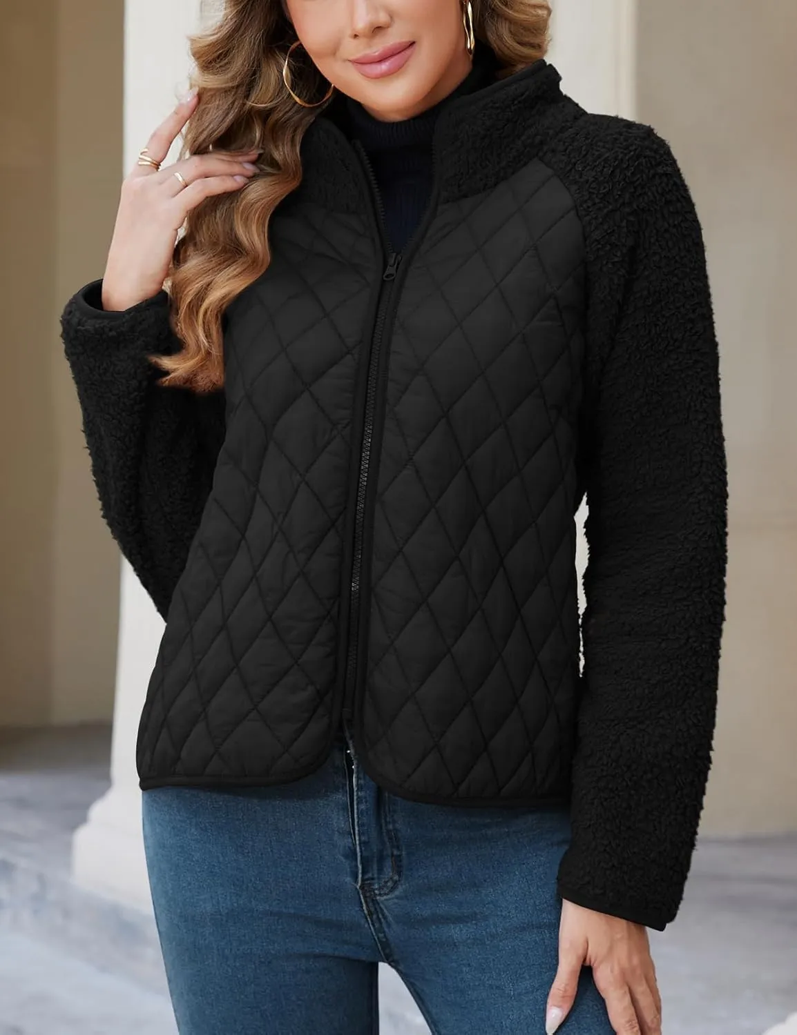 Zilcremo Women's Winter Quilted Jackets Patchwork Fuzzy Fleece Zip Up Jacket Long Sleeve Sherpa Coat Outerwear with Pockets