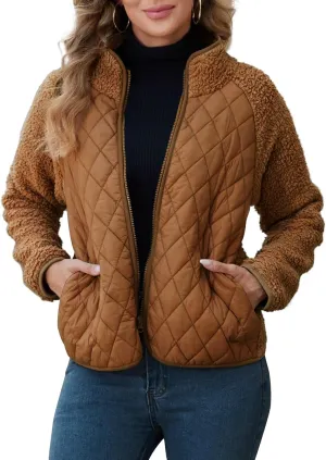 Zilcremo Women's Winter Quilted Jackets Patchwork Fuzzy Fleece Zip Up Jacket Long Sleeve Sherpa Coat Outerwear with Pockets