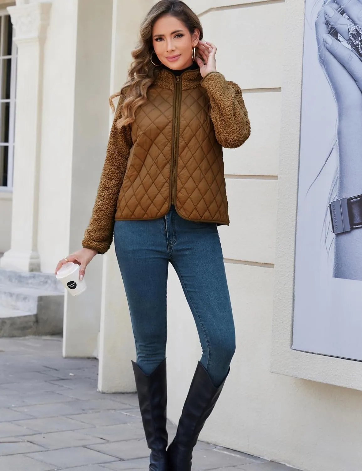 Zilcremo Women's Winter Quilted Jackets Patchwork Fuzzy Fleece Zip Up Jacket Long Sleeve Sherpa Coat Outerwear with Pockets