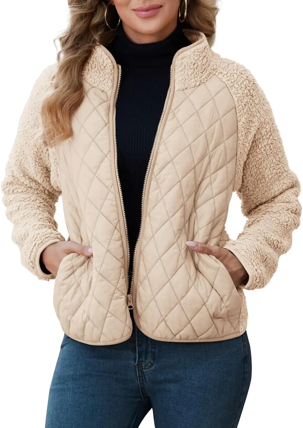 Zilcremo Women's Winter Quilted Jackets Patchwork Fuzzy Fleece Zip Up Jacket Long Sleeve Sherpa Coat Outerwear with Pockets