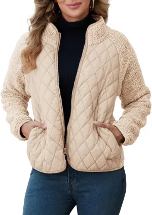 Zilcremo Women's Winter Quilted Jackets Patchwork Fuzzy Fleece Zip Up Jacket Long Sleeve Sherpa Coat Outerwear with Pockets