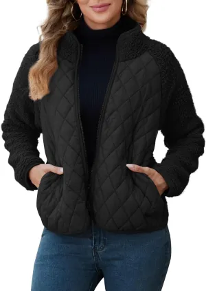 Zilcremo Women's Winter Quilted Jackets Patchwork Fuzzy Fleece Zip Up Jacket Long Sleeve Sherpa Coat Outerwear with Pockets
