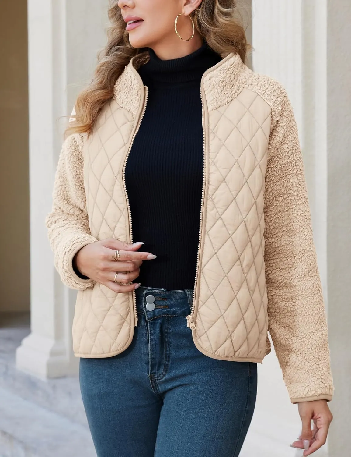 Zilcremo Women's Winter Quilted Jackets Patchwork Fuzzy Fleece Zip Up Jacket Long Sleeve Sherpa Coat Outerwear with Pockets