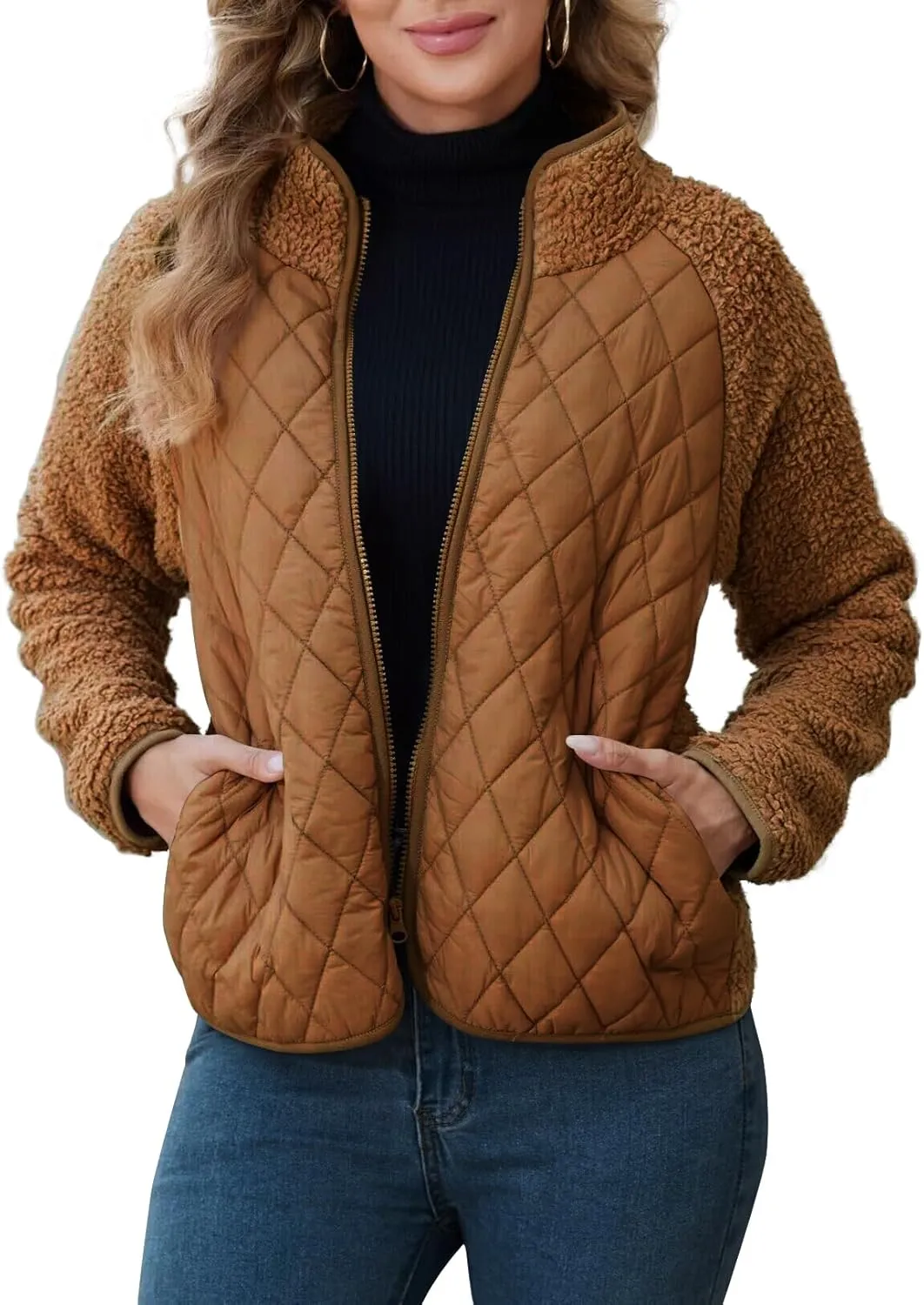 Zilcremo Women's Winter Quilted Jackets Patchwork Fuzzy Fleece Zip Up Jacket Long Sleeve Sherpa Coat Outerwear with Pockets