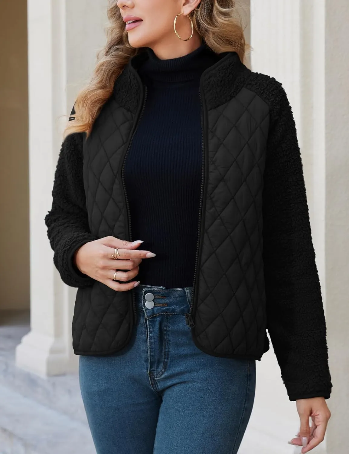 Zilcremo Women's Winter Quilted Jackets Patchwork Fuzzy Fleece Zip Up Jacket Long Sleeve Sherpa Coat Outerwear with Pockets
